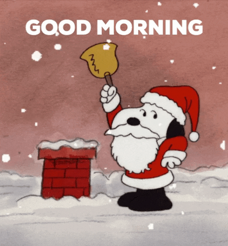 Cartoon gif. Snoopy dressed as Santa stands in front of a brick chimney, smiling and pressing down with his hand to squeak a brass horn that radiates sound as snow falls all around. Text, "Good morning." 