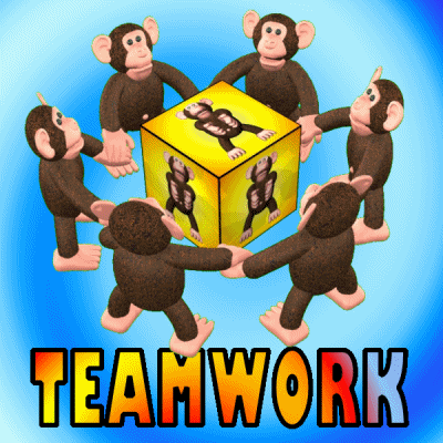 Digital art gif. Six monkeys with large ears hold hands in a circle as they spin around a cube that has a clapping monkey on each side. Text, “Teamwork.”