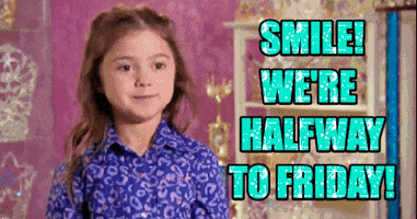 Reality TV gif. A little girl sits in a confessional and smiles widely, her chin pulling back into her neck. The words "Smile! We're halfway to Friday!" appear in sparkling blue letters next to her.