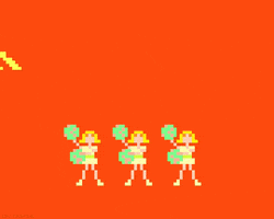 Digital art gif. Three pixel cheerleaders wave their pom poms around as text zooms into place over their heads. Text, Oh yeah.”