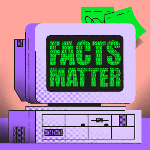 Computador antigo com a frase “FACTS MATTER” na tela verde