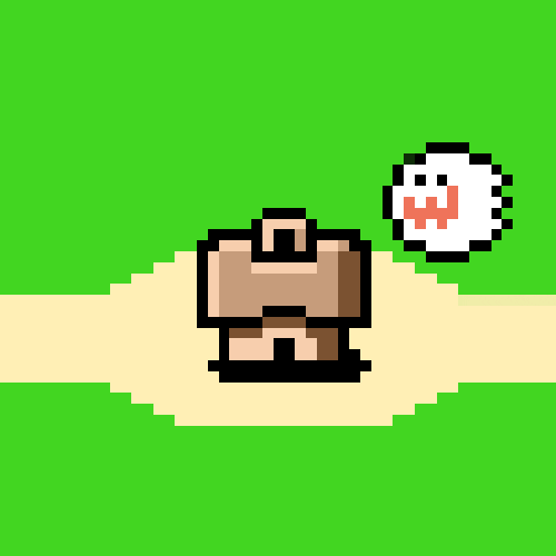 Videogame gif. Pixelated scene of a small brown house, which a ghost from Super Mario Bros floats and circles around repeatedly.