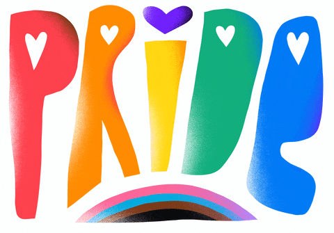 Text gif. The word "pride" is written in red, orange, yellow, green, and blue lettering with hearts in each letter, above a rainbow with pink, blue, brown, and black stripes.