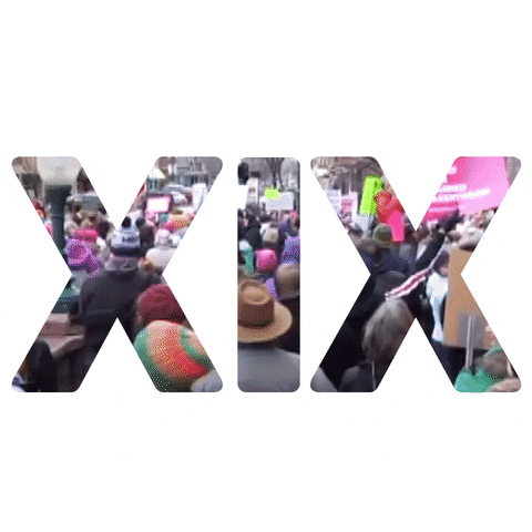 Video gif. Footage of Women’s March protests plays inside the letters “XIX” over a white background.
