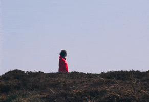 Video gif. Wide shot of a woman wearing a bright red hoodie jacket slowly walking along a grassy hill against a clear blue sky, hair blowing in the wind in what looks like a peaceful moment. 