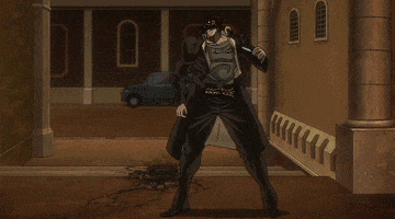 Cartoon gif. Anime character Jotaro Kujo from Jojo's Bizarre Adventure transforms into Star Platinum and throws a bloody dagger that zooms across the screen.