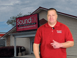 Ad gif. A man wearing a red Sound FX Automotive company polo shirt swings his arm around like he's pitching a baseball and ends with finger guns. Text, "I appreciate you!" 
