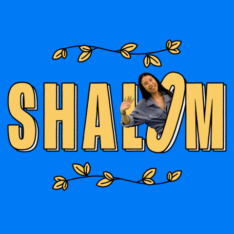 Text gif. Big golden letters stretch and gleam on a bright cerulean blue background, a teenage girl tipping out of the O and waving. Text, "Shalom."