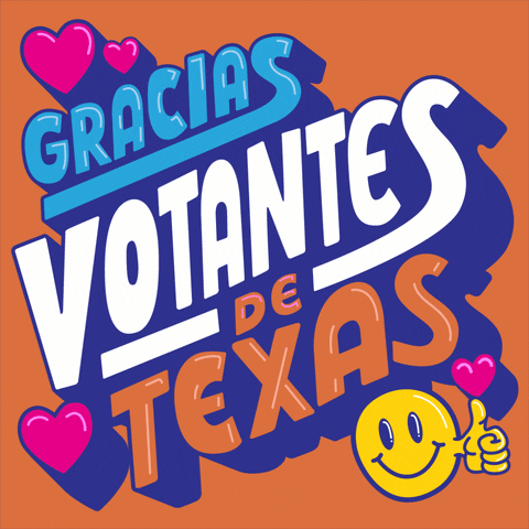 Digital art gif. Cyan and pumpkin orange 3D bubble letters with blue-purple shadowing bob in and out on a pumpkin orange background, surrounded by hot pink hearts and a smiley face giving a thumbs up. Text, "Gracias votantes de Texas."