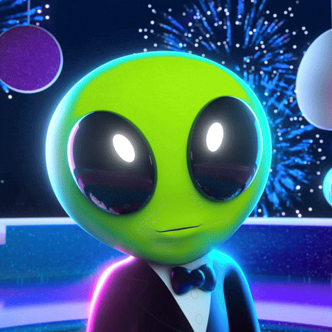 Illustrated gif. Green alien dressed in a suit and bowtie raises his glass toward us, smiling, as fireworks shoot off in the sky beyond the rooftop.
