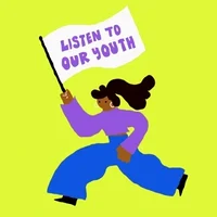 person waving flag with 'listen to our youth' 