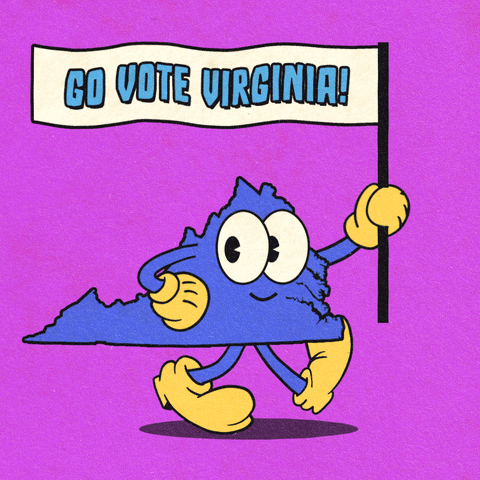 Digital art gif. Blue shape of Virginia smiles and marches forward with one hand on its hip and the other holding a flag against a purple background. The flag reads, “Go vote Virginia!”