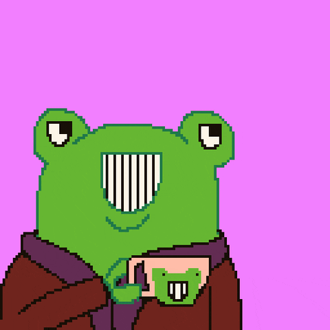 Digital art gif. Frog with huge teeth is wearing a jacket and toasts us with a mug that has his face on it. Text, "Very nice."
