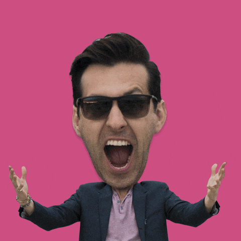 Digital art gif. Max Amini holds his arms out in celebration. His mouth open as if cheering and sunglasses on his enlarged head. Animated confetti shoots out from behind him as blue text appears, "Awesome."
