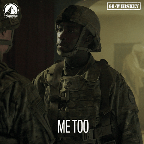 TV gif. Jeremy Tardy as Mekhi Davis on 68 Whiskey wears a camo military uniform. He looks at someone with wide eyes as he firmly says, “Me too.”