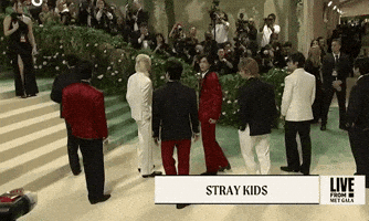 Met Gala 2024 gif. All 8 members of the K-pop band Stray Kids line up in a staggered position wearing Tommy Hilfiger three-piece suits in alternating white, navy blue, and cardinal red, all accented with the other featured colors.