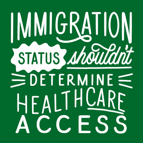 Digital art gif. In curly, white, all-caps lettering, text reads, "Immigration Status Shouldn't Determine Healthcare Access," against a kelly green background.