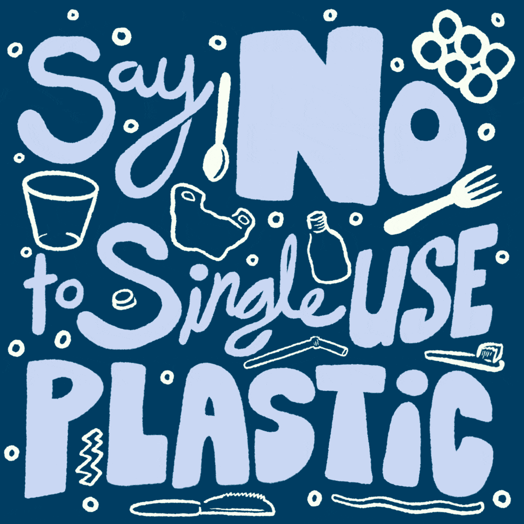Digital art gif. Amid illustrations of plastic bags, plastic silverware and other single-use plastic items, text reads, "Say no to single-use plastic," all against a dark blue background.