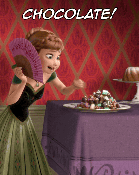 Pohyblivý gif s princeznou pojídající tajně čokoládové bonbony z talíře a s nápisem "Chocolate!". 