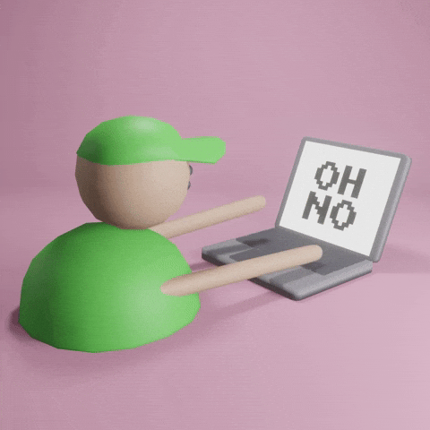Digital art gif. A 3D character with a green baseball cap glancing backwards and tapping at a laptop, whose screen says "oh no." 
