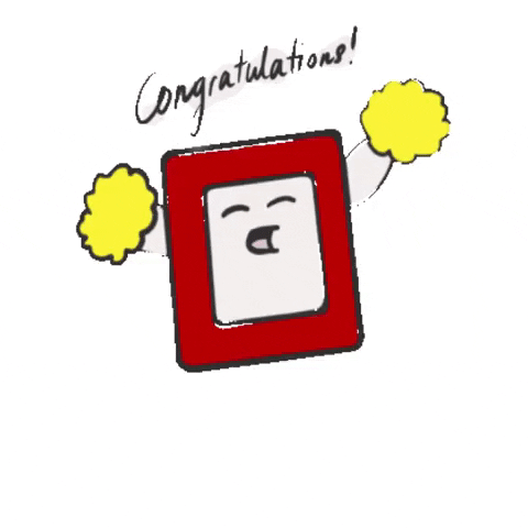 Kreslený gif k svátku se skákající knihou s usmívajícím se obličejem, třásněmi a nápisem "Congratulations!". 
