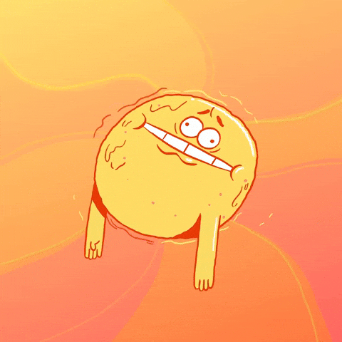Illustrated gif. Sun-like spherical character slumps and sweats in the center of a hazy radial background, swiping his forehead and exhaling uncomfortably.