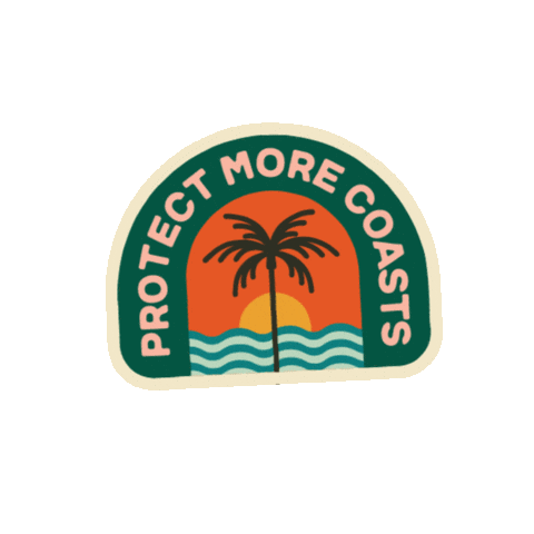 Digital art gif. Large sticker lifts one edge and puts it back down. The sticker shows an image of an ocean behind a tall palm tree with the text "Protect more coasts."