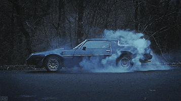 Video gif. Side view of a black Trans Am car on a woodsy road, about to peel out as smoke pours from its spinning rear wheels.