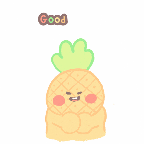 Kawaii gif. A cartoon of a pineapple with a human body hugs itself. Confetti flies as it throws its hands in the air as the words &ldquo;Good Job!&rdquo; flash above him.