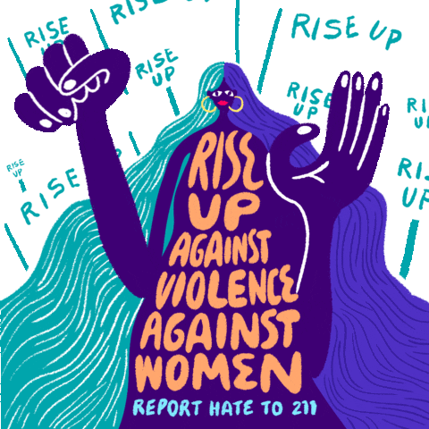 Text gif. Big, graphic, purple spirit-like woman with infinitely long hair and gold hoop earrings raises a fist, bearing the message "Rise up against violence against women, report hate to 211," surrounded by signs and banners that read "Rise up!" against a white background.