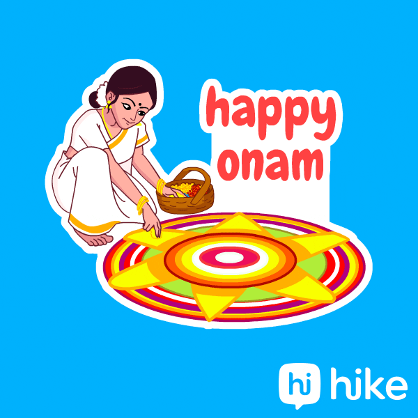 Cartoon gif. A woman in a sari carefully draws a sun-shaped sand mandala. The words "Happy Onam" dance above her work.
