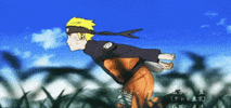 Anime gif. Naruto runs fast, maybe at the speed of light, through a field, his arms outstretched behind him.