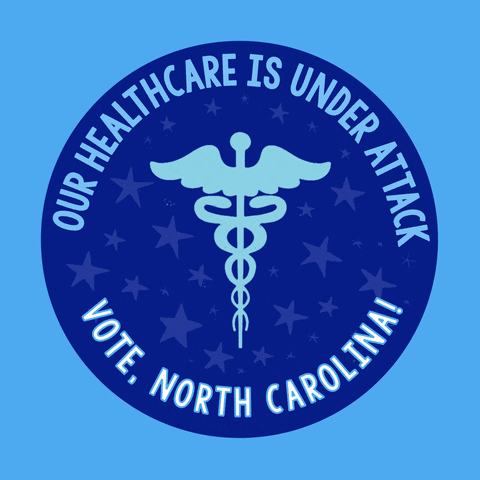 Digital art gif. Blue circular sticker against a light blue background features a light blue medical symbol of a staff entwined by two serpents, topped with flapping wings and surrounded by light blue dancing stars. Text, “Our healthcare is under attack. Vote, North Carolina!”