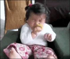 Video gif. Toddler girl's face is scrunched up in agony and disgust as she grips onto a lemon slice.