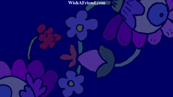 Text gif. Set against a deep blue background with faint flowers, the words "Happy anniversary," in a lavender color, appear on the screen alongside an assortment of romantic rainbow cartoon flowers.