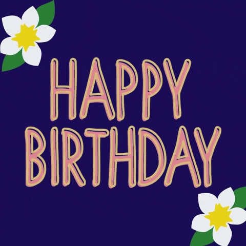 Text gif. Flowers over a plain background are above and below text flashing neon colors. Text, "Happy birthday."