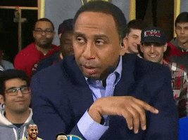 Sports gif. Though the fans behind him seem amused, Stephen A. Smith is not. He rolls his eyes and turns his head away from the person he was talking to.