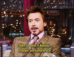 Gif of Robert Downey Jr shrugging and saying I like, I don't know... I have an omelette.