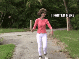 Video gif. Woman wearing white pants and a pink button-up shirt prances toward us; as her hips swing side to side, three lines of text appear and read "I farted here, I farted there, oop! I farted there too. *Poof*"