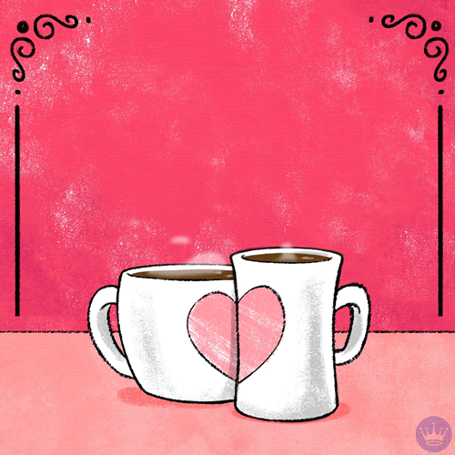 Illustrated gif. A short, round mug and a taller mug, both full of coffee, are placed on a pink table. Each mug has half a heart and together they complete one whole heart. The coffee in the mugs are so hot that steam billows out of it, and the vapor from both cups connect and form a heart. From the steam, the text, “Happy Anniversary,” appears. 