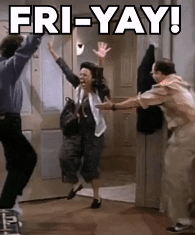Seinfeld gif. In Jerry's foyer, Jerry Seinfeld, Julia Louis-Dreyfus as Elaine, and Jason Alexander as George do the same excited dance on tiptoes with arms outstretched. Multicolored text, "Fri-Yay!"