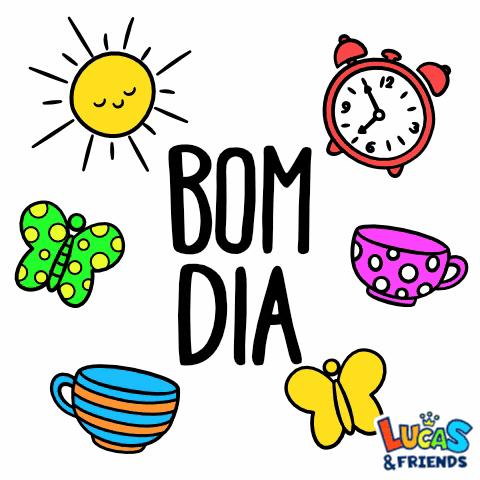 Text gif. A sun, alarm clock, two tea mugs, and two butterflies flash in alternating neon colors around text reading, "Bom dia."