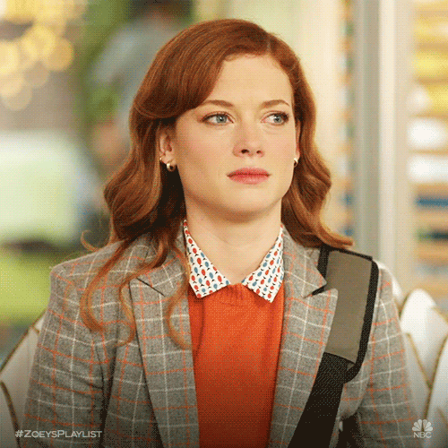 TV gif. Jane Levy as Zoey in Zoey's Extraordinary Playlist. She squints her eyes and makes a face of disbelief at what she's hearing.