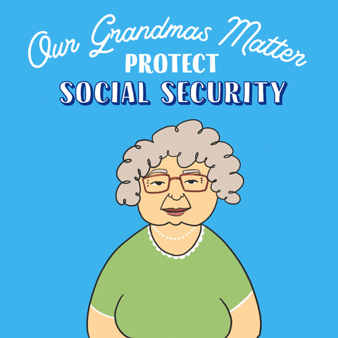 Illustrated gif. Rotating grandmothers of many different styles and ethnicities on a ocean blue background, above white handwriting font juxtaposed against a blocky font. Text, "Our grandmas matter, protect Social Security."
