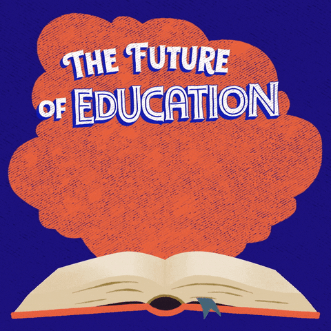 Digital art gif. Orange cloud hovers over an open book against a cobalt blue background. Text, “The future of education in Texas is on the ballot.”