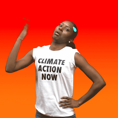 Digital art gif. Beads of cartoon blue sweat drip off the face and body of a woman wearing a "climate action now" t-shirt, who is fanning her face with her hand exhaustedly against an ombre orange and red background.