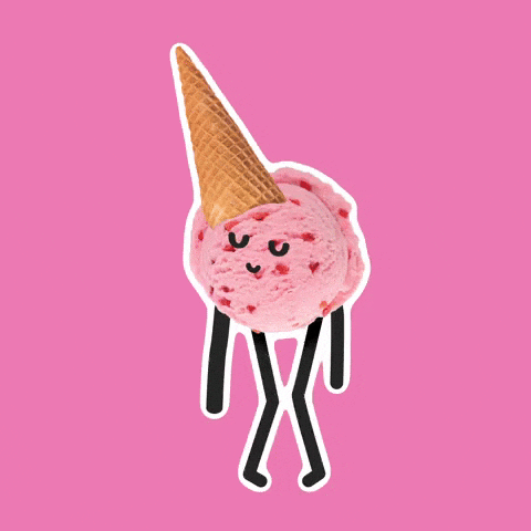 Photo gif. Strawberry ice cream cone with stick arms and legs and a face drawn on it dancing funky.