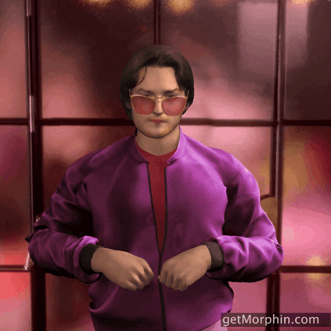 Cartoon gif. A computer generated James McAvoy wears all pink and rose colored sunglasses, as he looks at us seriously while dancing and throwing confetti into the air. 