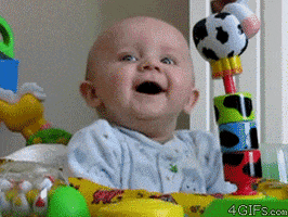 Video gif. A baby looks at something and laughs in delight before getting immensely shocked at the rapid change of scene. They continue to stare intently while waving their arms in fear while looking entirely baffled.