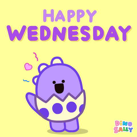 Cartoon gif. DinoSally does an excited bouncy sway from side to side as colorful shapes appear and disappear next to her. Text, "Happy Wednesday."